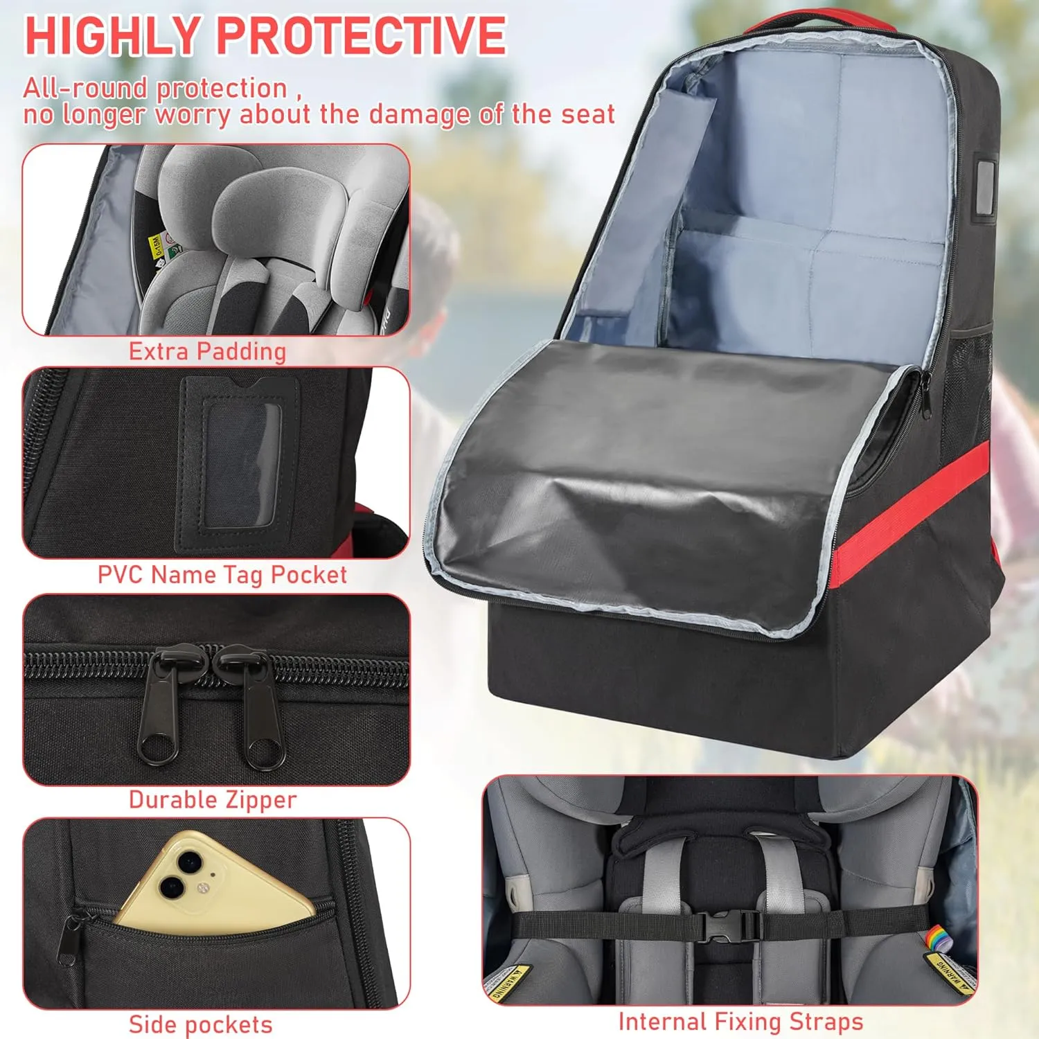 Car Seat Travel Bag Heavy Duty Car Seat Bag for Airplane Gate Check Car Seat Backpack with Shoulder Strap, Black Red