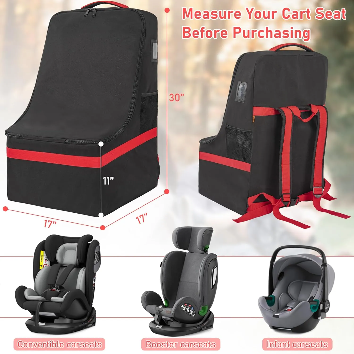 Car Seat Travel Bag Heavy Duty Car Seat Bag for Airplane Gate Check Car Seat Backpack with Shoulder Strap, Black Red