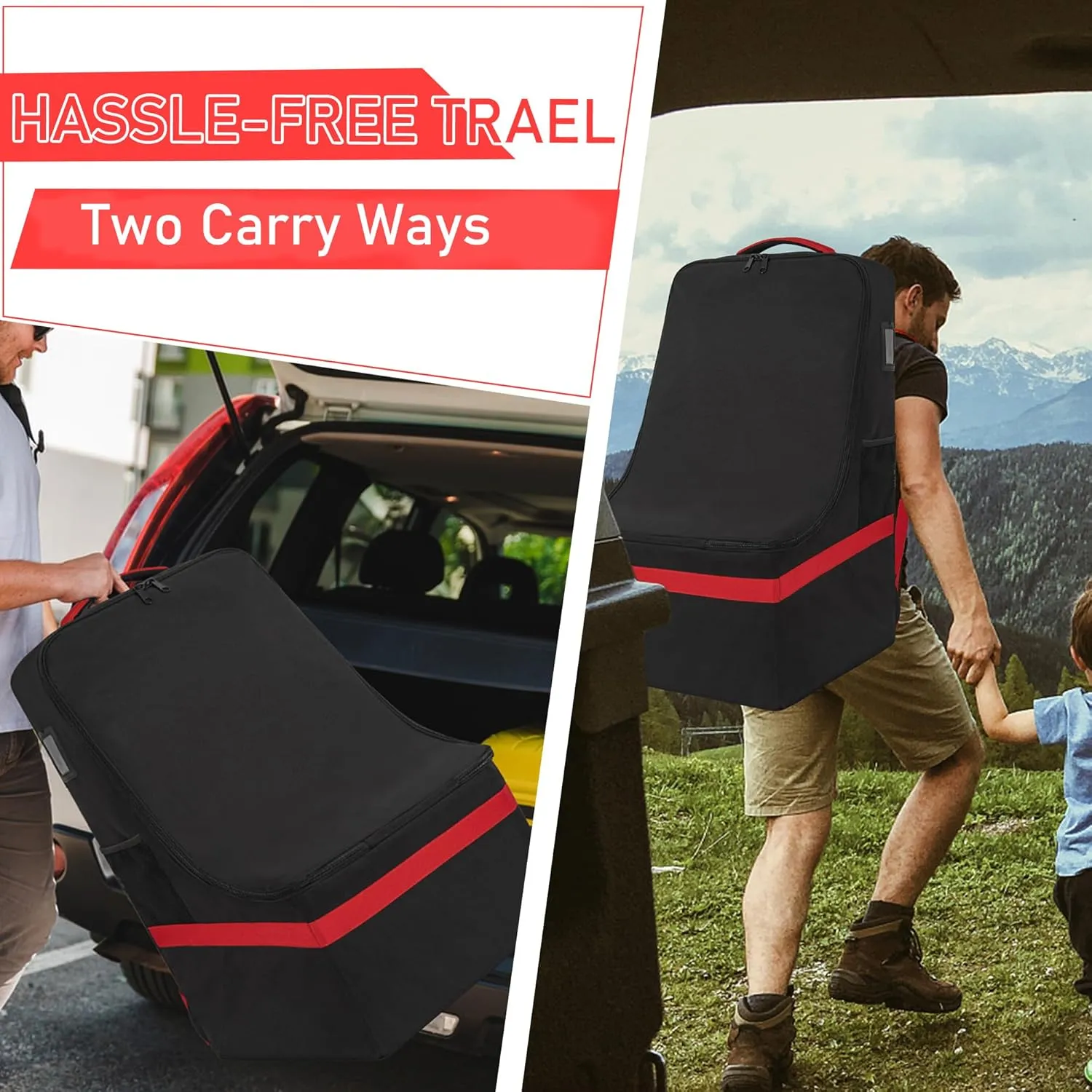 Car Seat Travel Bag Heavy Duty Car Seat Bag for Airplane Gate Check Car Seat Backpack with Shoulder Strap, Black Red