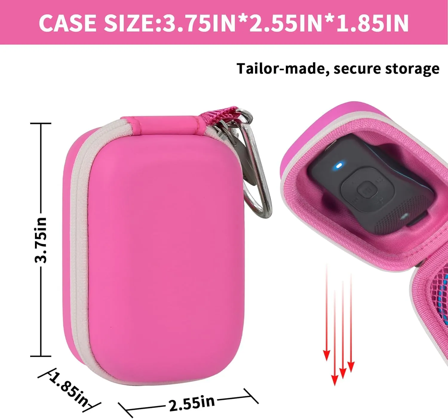 Carrying Case for Noxgear 39g Wearable Bluetooth Clip Speaker, Magnetic Clip-On Wireless Portable Speakers Mini Travel Storage Holder Box with Pocket for Cables, Carabiner-Bag Only (Pink)