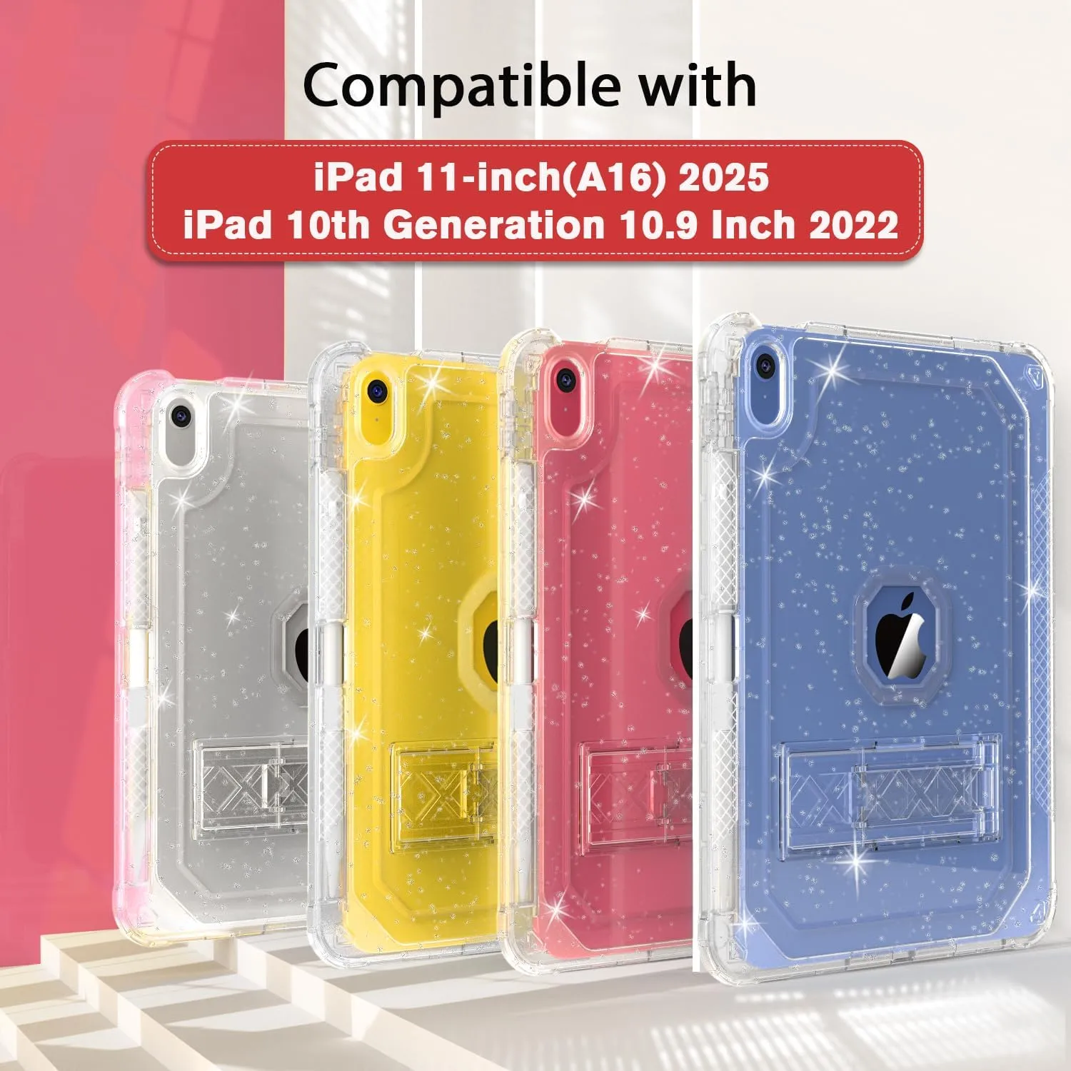 Case for iPad A16 11th Generation 11 Inch 2025 / 10th Gen 10.9 Inch Case 2022, Heavy Duty Shockproof Rugged Protective Translucent Cover with Pencil Holder Kickstand for Kids, Clear Glitter