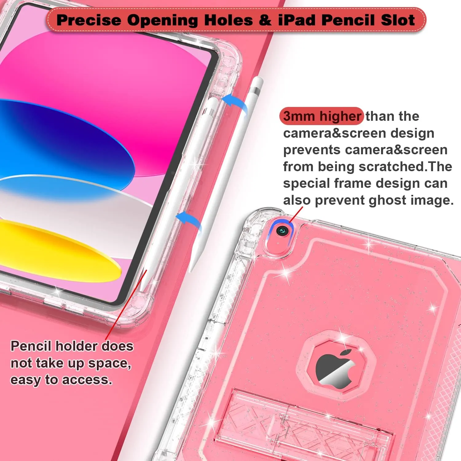 Case for iPad A16 11th Generation 11 Inch 2025 / 10th Gen 10.9 Inch Case 2022, Heavy Duty Shockproof Rugged Protective Translucent Cover with Pencil Holder Kickstand for Kids, Clear Glitter