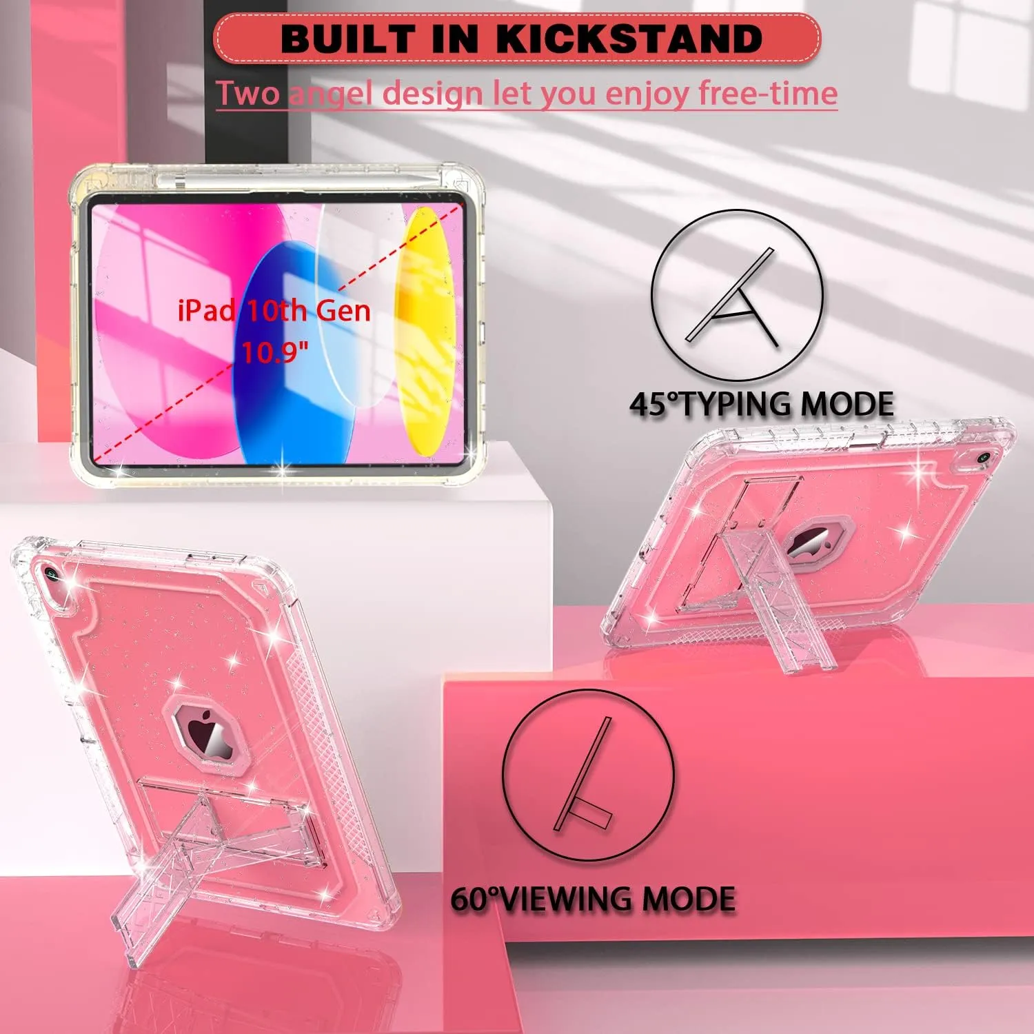 Case for iPad A16 11th Generation 11 Inch 2025 / 10th Gen 10.9 Inch Case 2022, Heavy Duty Shockproof Rugged Protective Translucent Cover with Pencil Holder Kickstand for Kids, Clear Glitter