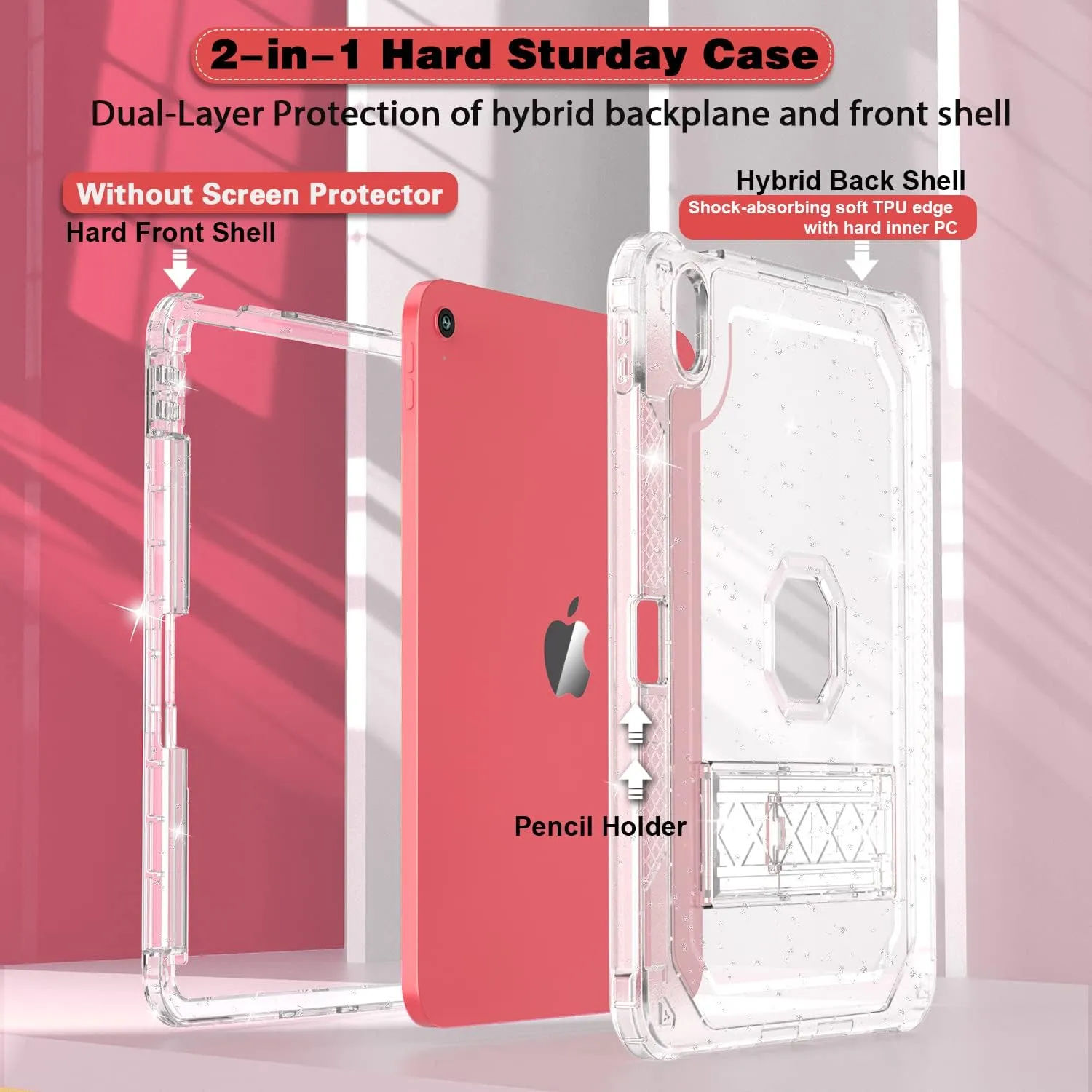Case for iPad A16 11th Generation 11 Inch 2025 / 10th Gen 10.9 Inch Case 2022, Heavy Duty Shockproof Rugged Protective Translucent Cover with Pencil Holder Kickstand for Kids, Clear Glitter