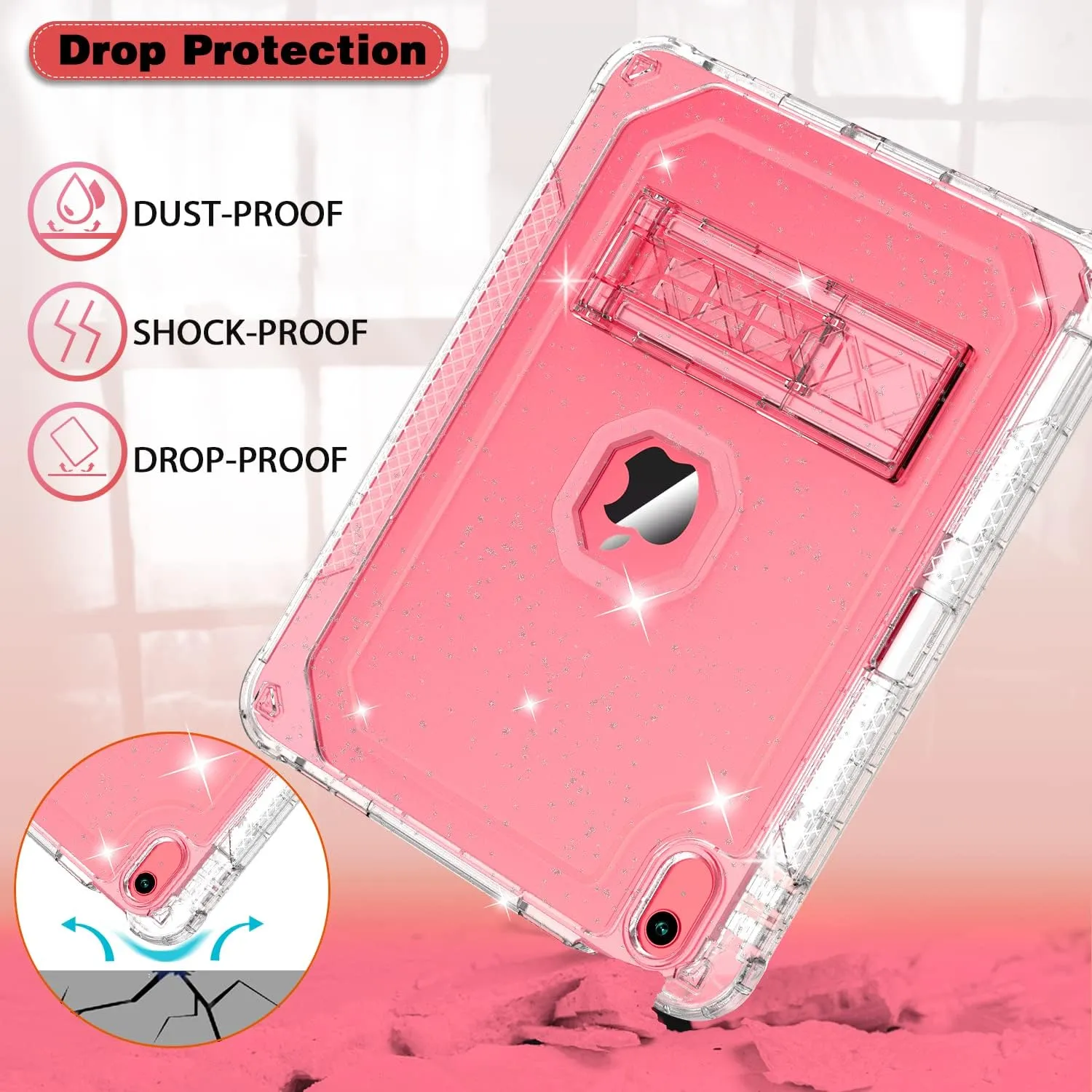 Case for iPad A16 11th Generation 11 Inch 2025 / 10th Gen 10.9 Inch Case 2022, Heavy Duty Shockproof Rugged Protective Translucent Cover with Pencil Holder Kickstand for Kids, Clear Glitter