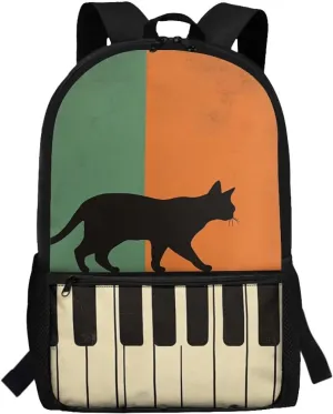 Cat Elementary School Backpack for Girls Piano Key 17 Inch Schoolbag Utility School Back Pack with Dual Zipper Vintage Travel Rucksack for Girls Outdoors