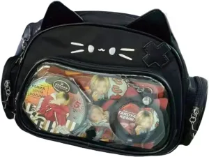 Cat Ita Bag Pin Display Backpack for School PU Leather Preppy Backpack for Girl Y2k Single Shoulder Crossbody Bag