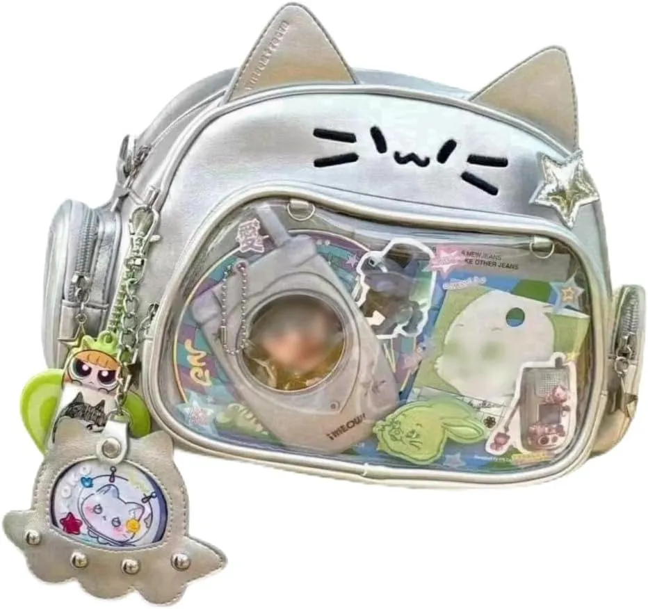 Cat Ita Bag Pin Display Backpack for School PU Leather Preppy Backpack for Girls Y2k Aesthetic Single Shoulder Bag