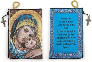 Catholic Rosary Pouch – Woven Tapestry Madonna and Child & Glory Be to the Father Purse From The Holy Land - Coin, Jewelry & Rosary Case w/Cross Pendant Zipper - Catholic Gifts for Women (4" x 6")