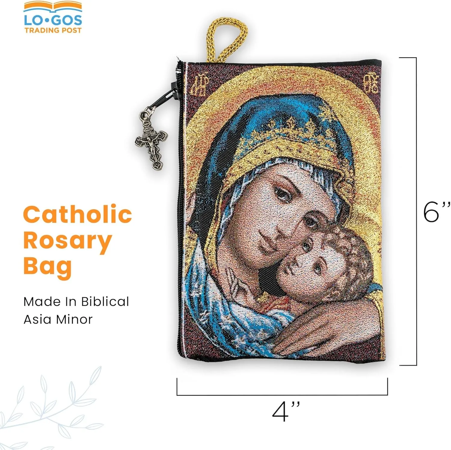 Catholic Rosary Pouch – Woven Tapestry Madonna and Child & Glory Be to the Father Purse From The Holy Land - Coin, Jewelry & Rosary Case w/Cross Pendant Zipper - Catholic Gifts for Women (4" x 6")
