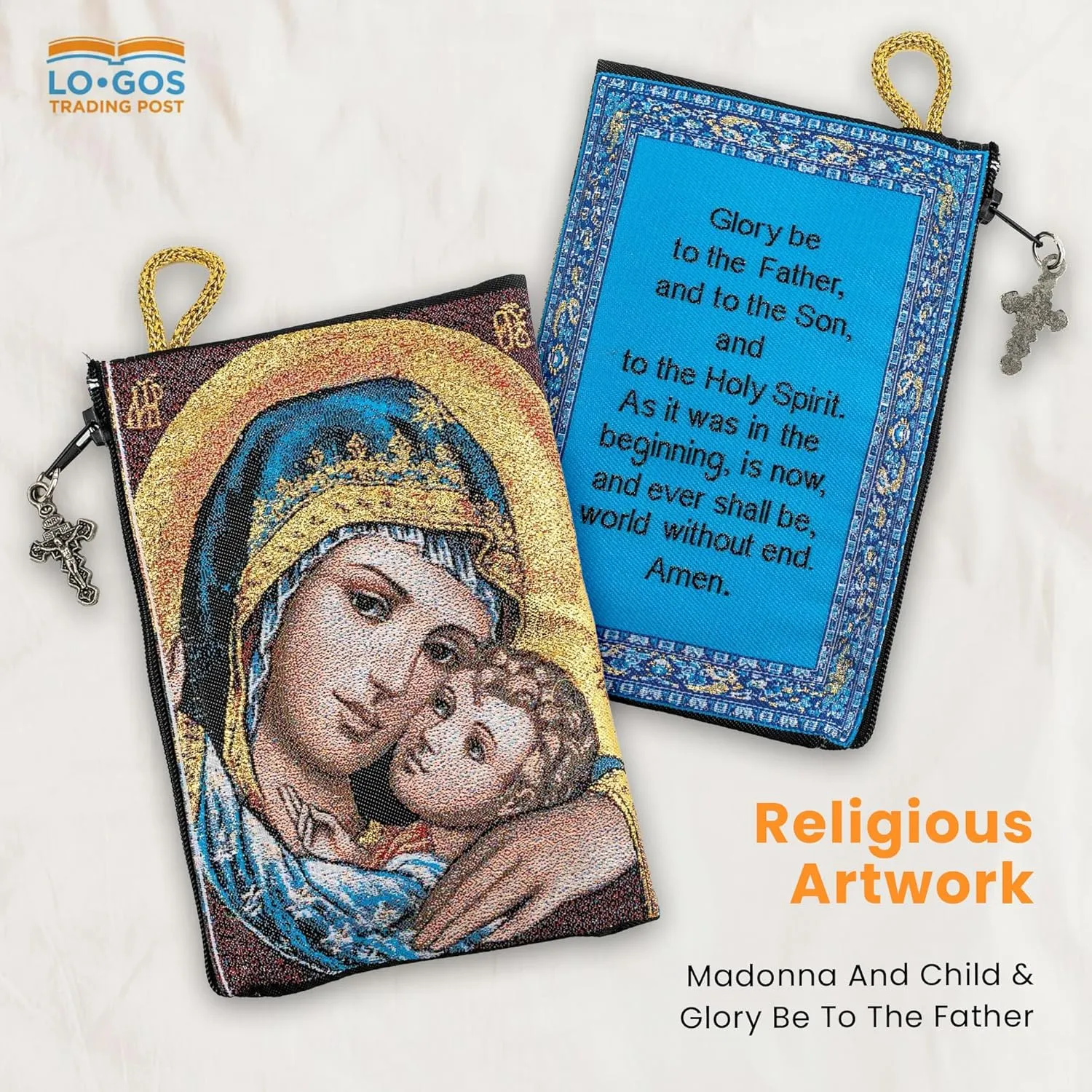 Catholic Rosary Pouch – Woven Tapestry Madonna and Child & Glory Be to the Father Purse From The Holy Land - Coin, Jewelry & Rosary Case w/Cross Pendant Zipper - Catholic Gifts for Women (4" x 6")