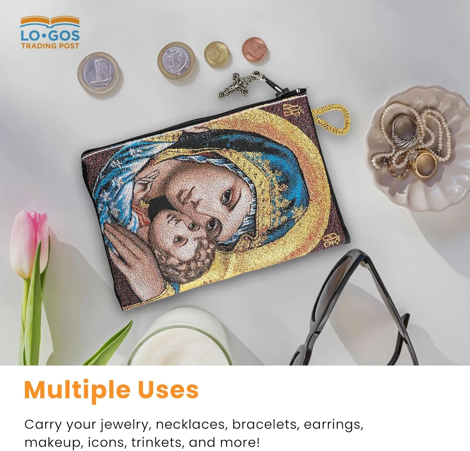 Catholic Rosary Pouch – Woven Tapestry Madonna and Child & Glory Be to the Father Purse From The Holy Land - Coin, Jewelry & Rosary Case w/Cross Pendant Zipper - Catholic Gifts for Women (4" x 6")