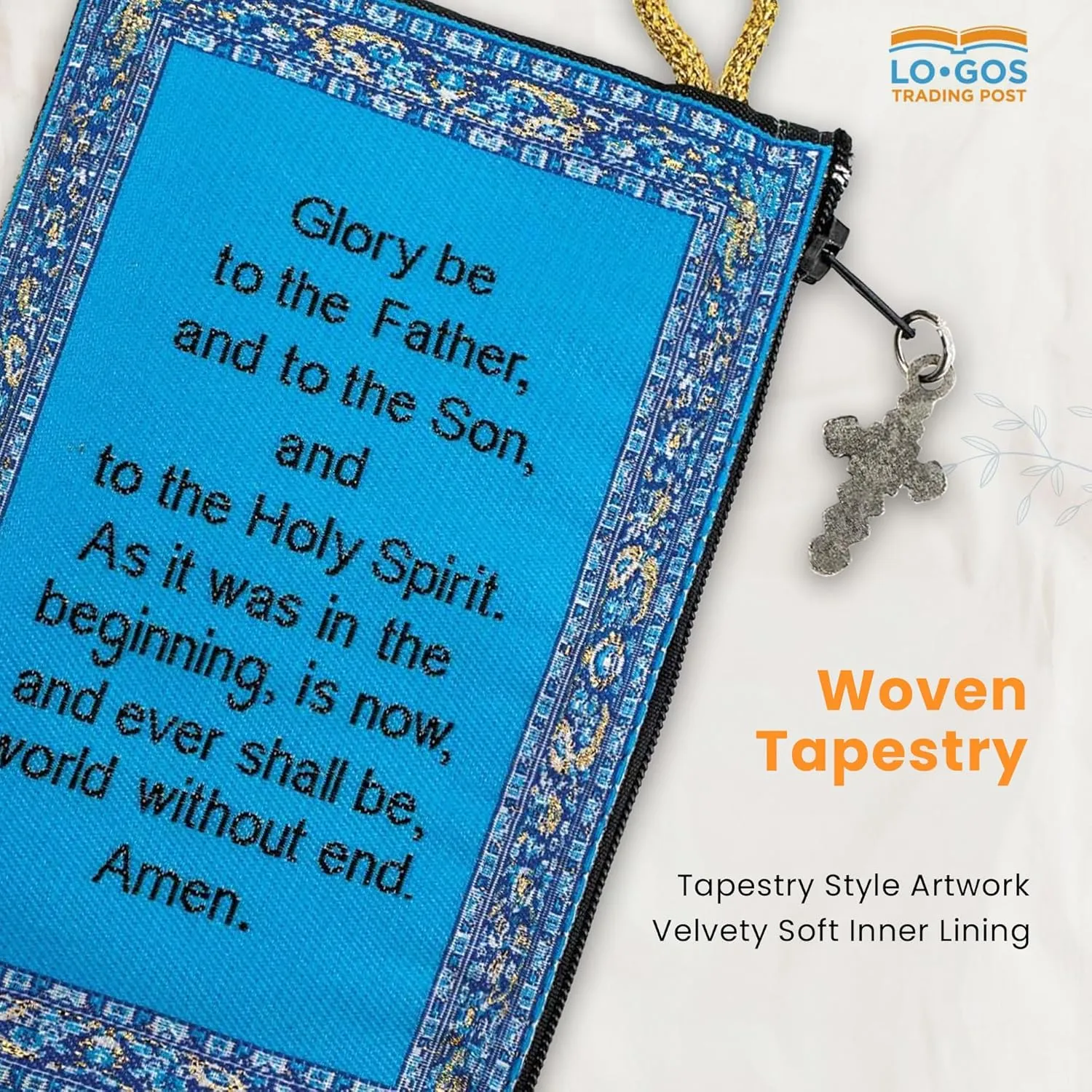 Catholic Rosary Pouch – Woven Tapestry Madonna and Child & Glory Be to the Father Purse From The Holy Land - Coin, Jewelry & Rosary Case w/Cross Pendant Zipper - Catholic Gifts for Women (4" x 6")