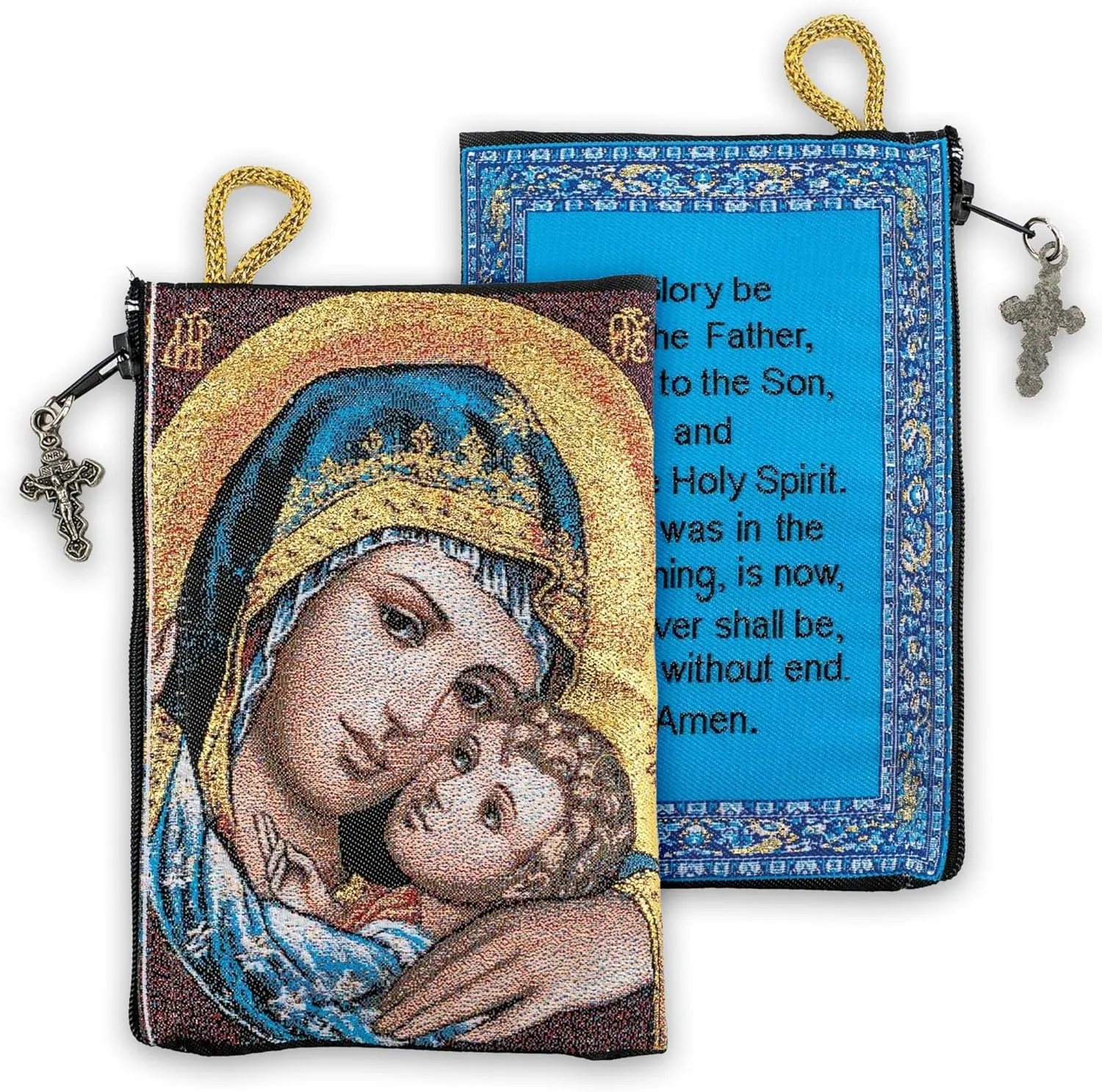 Catholic Rosary Pouch – Woven Tapestry Madonna and Child & Glory Be to the Father Purse From The Holy Land - Coin, Jewelry & Rosary Case w/Cross Pendant Zipper - Catholic Gifts for Women (4" x 6")