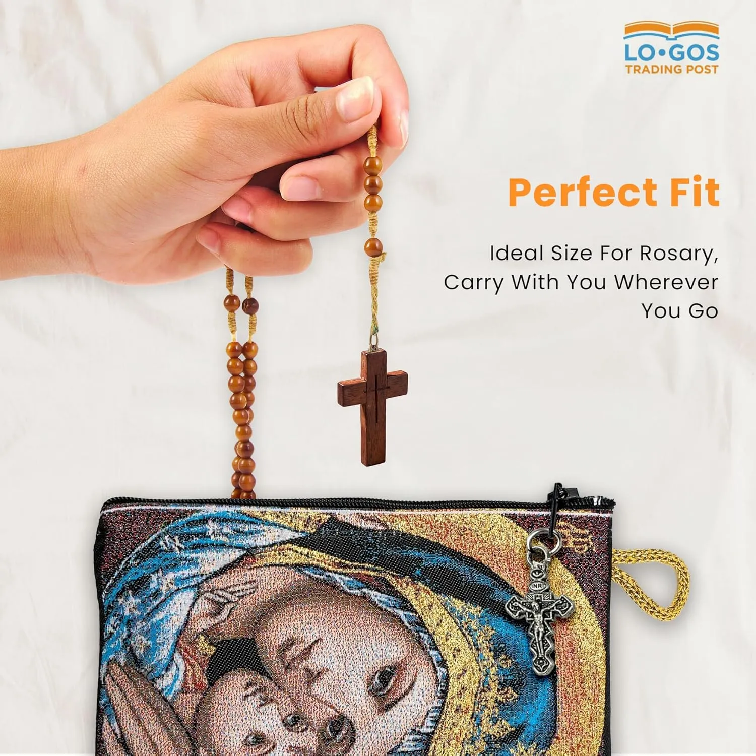 Catholic Rosary Pouch – Woven Tapestry Madonna and Child & Glory Be to the Father Purse From The Holy Land - Coin, Jewelry & Rosary Case w/Cross Pendant Zipper - Catholic Gifts for Women (4" x 6")