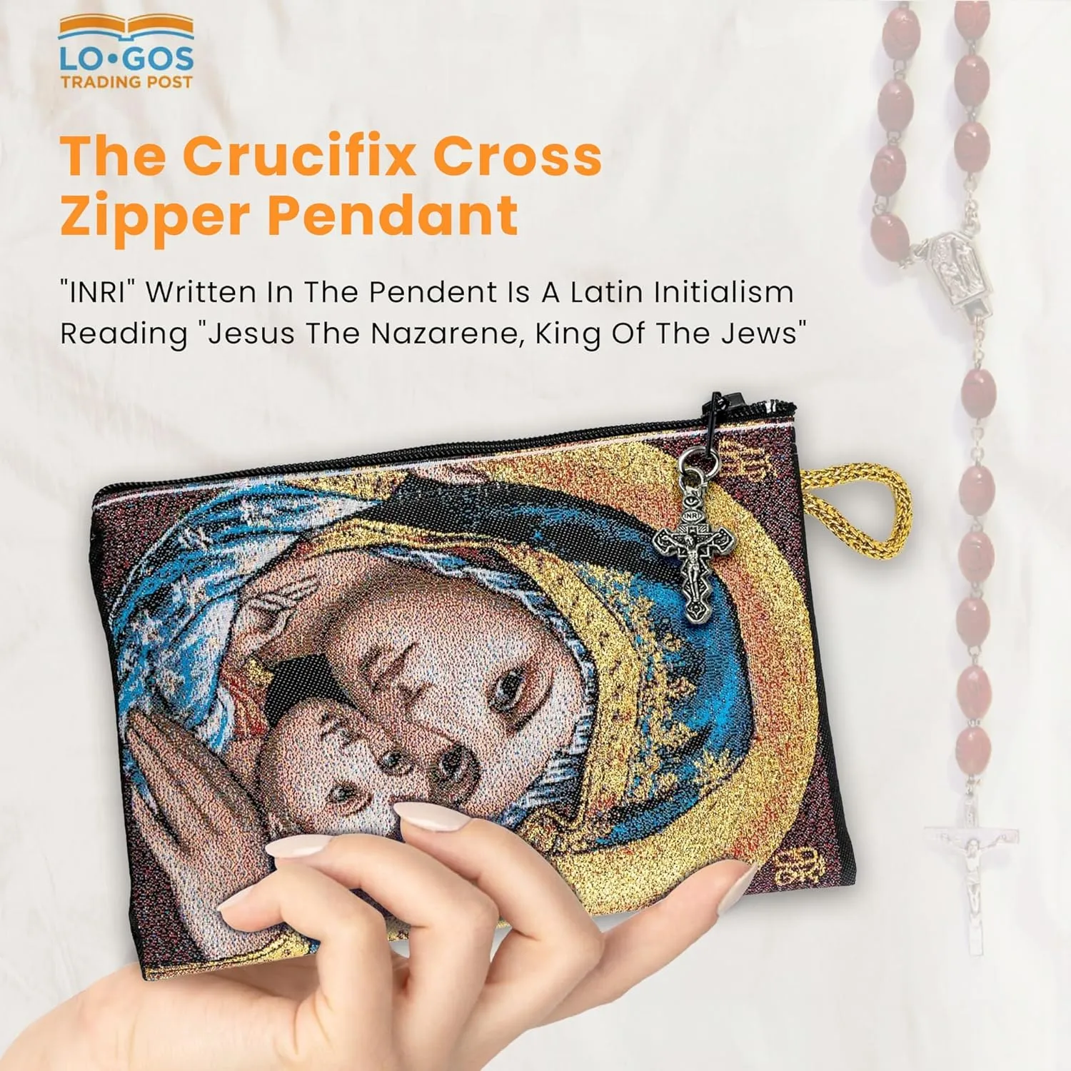 Catholic Rosary Pouch – Woven Tapestry Madonna and Child & Glory Be to the Father Purse From The Holy Land - Coin, Jewelry & Rosary Case w/Cross Pendant Zipper - Catholic Gifts for Women (4" x 6")