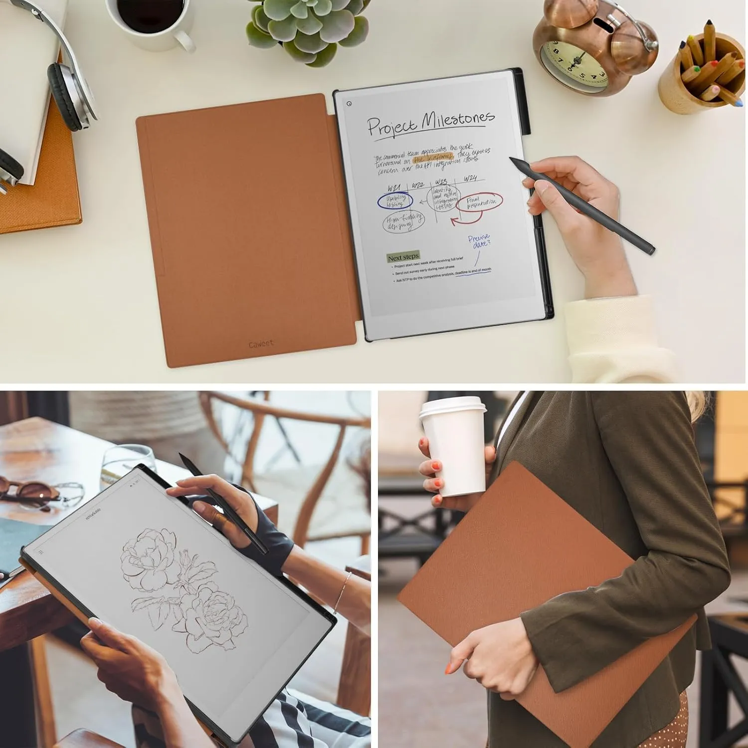 Caweet Case for Remarkable Paper Pro 11.8" 2024, Slim Hard Back Shell Protective Book Folio Cover with Built-in Pen Holder and Auto Wake/Sleep, Brown