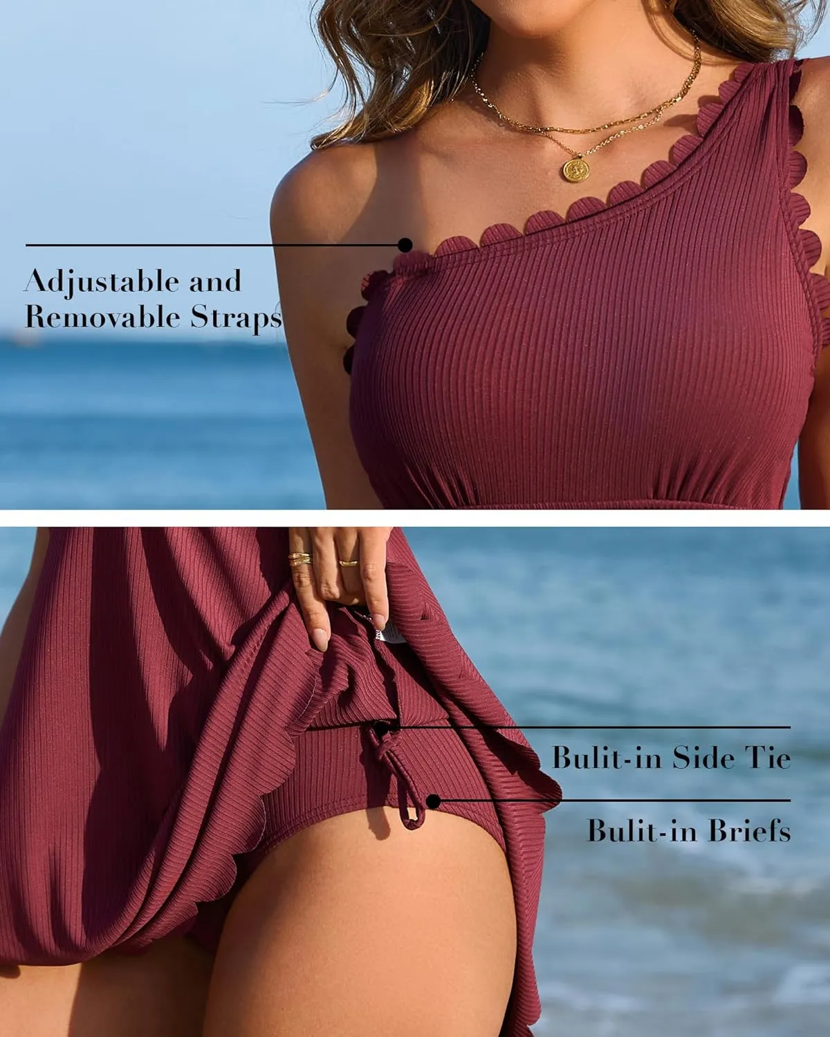 Charmo Ribbed One Shoulder Swim Dress Scalloped Tummy Control Swimsuits for Women Swimwear Built-in Side Tie and Briefs