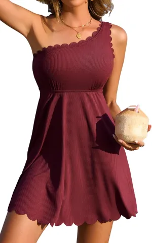 Charmo Ribbed One Shoulder Swim Dress Scalloped Tummy Control Swimsuits for Women Swimwear Built-in Side Tie and Briefs