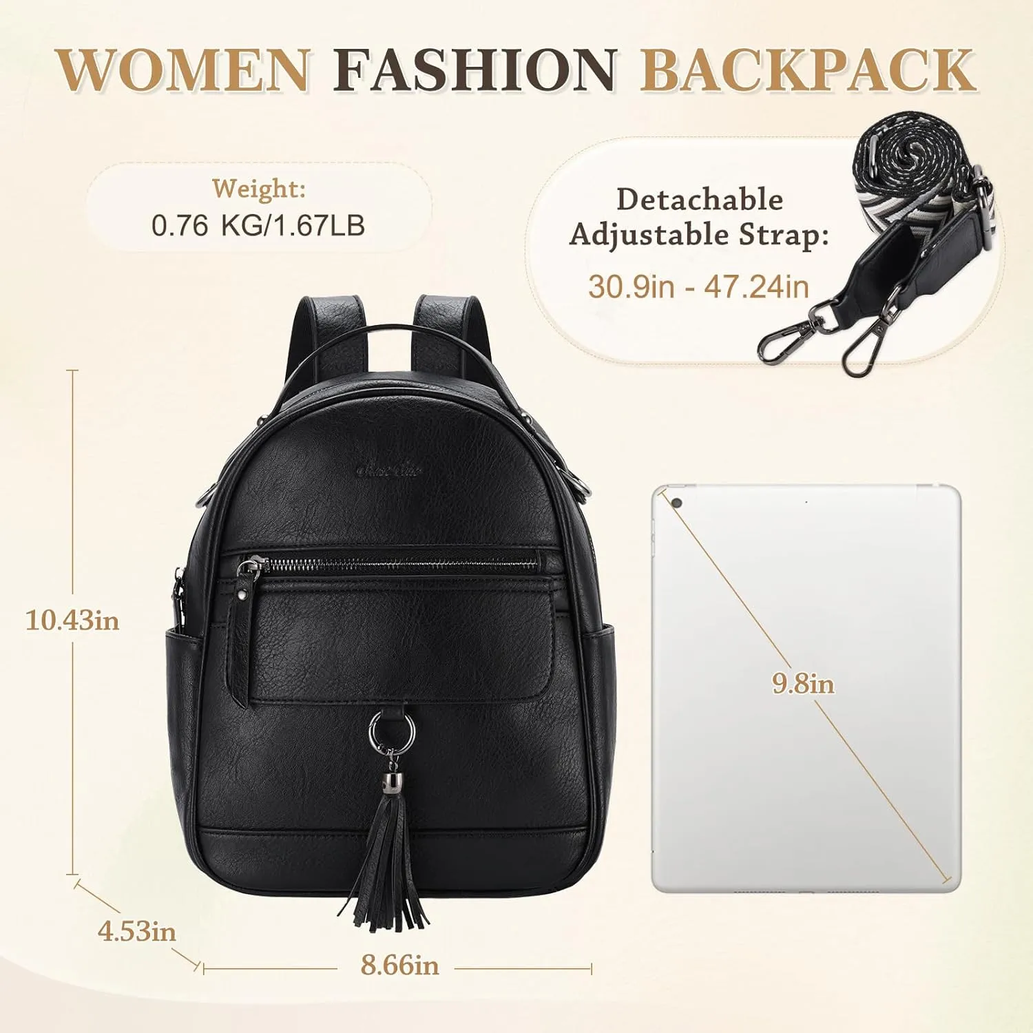 Chase Chic Mini Backpack Purse for Women, Vegan Leather Cute Small Backpack Ladies Fashion Shoulder Handbag for Travel Black