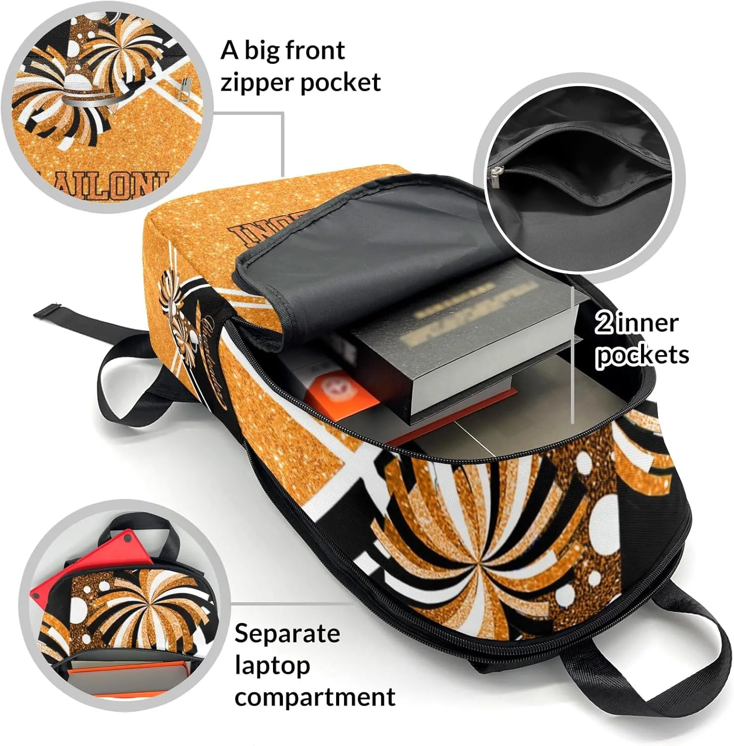 Cheerleader Orange Personalized Backpack for Teen Custom Travel Backpack for Boys Girs Bookbag Casual Bag Name Gift, Design 10, EU5566SS