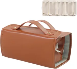 Chicvault Pro Multifunctional Cosmetic Bag, Leather Waterproof Toiletry Bag, Portable 4 In 1 Roll Up Folding Travel Makeup Bag (Brown)
