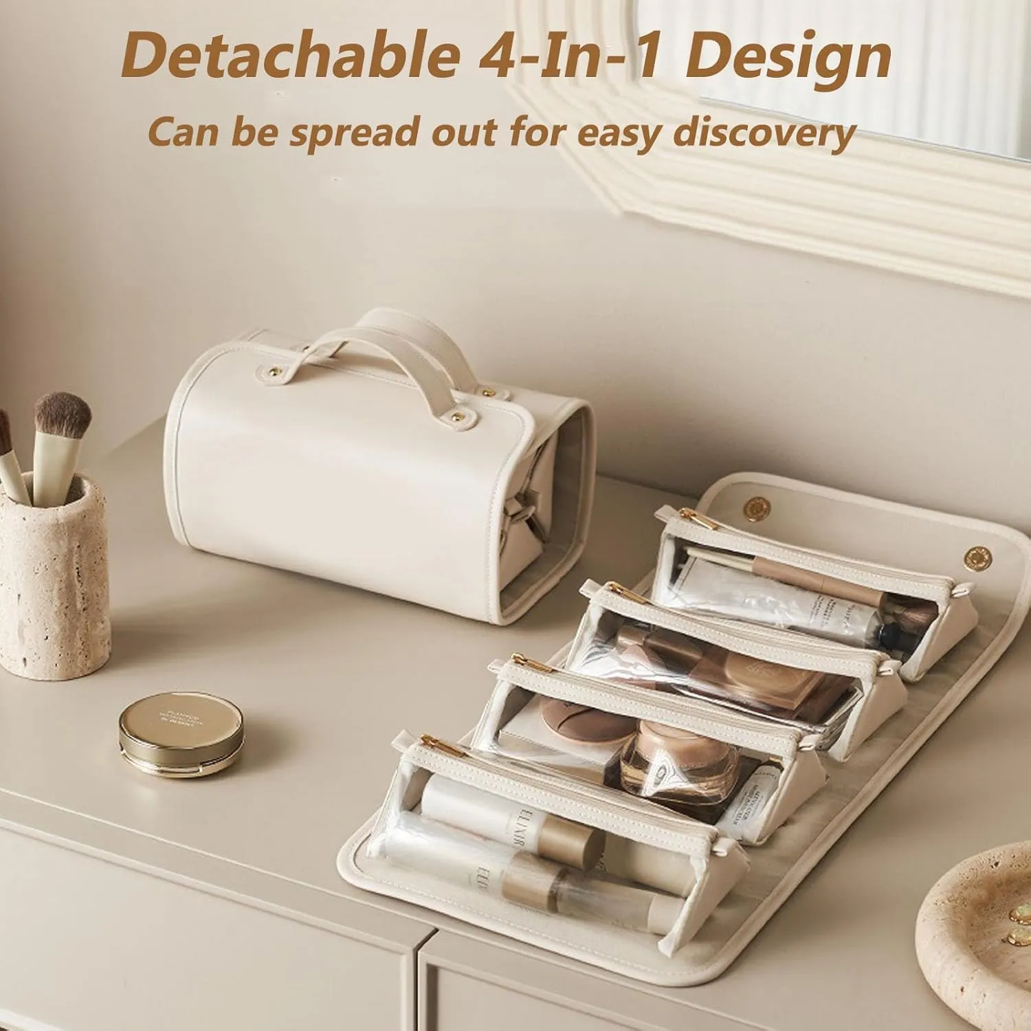 Chicvault Pro Multifunctional Cosmetic Bag, Leather Waterproof Toiletry Bag, Portable 4 In 1 Roll Up Folding Travel Makeup Bag (Brown)