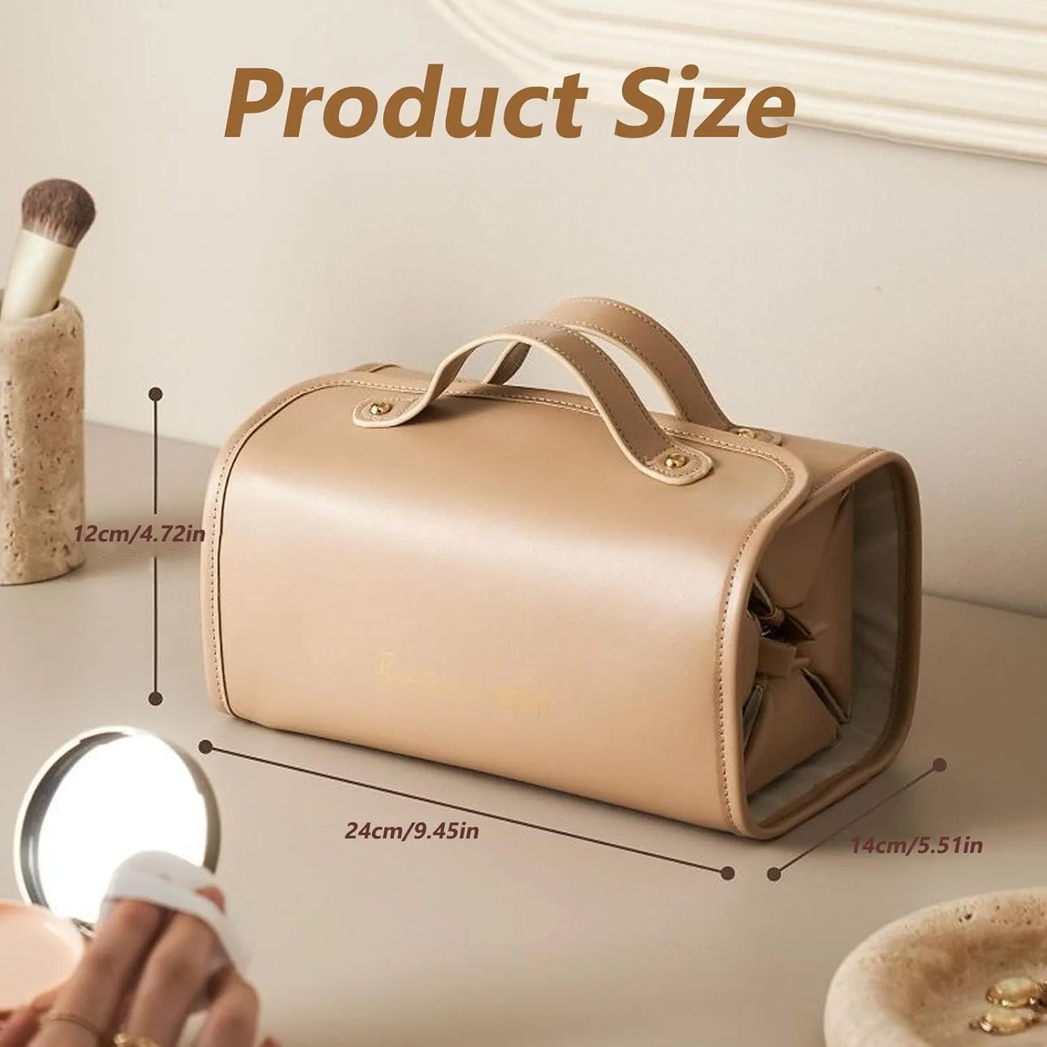 Chicvault Pro Multifunctional Cosmetic Bag, Leather Waterproof Toiletry Bag, Portable 4 In 1 Roll Up Folding Travel Makeup Bag (Brown)