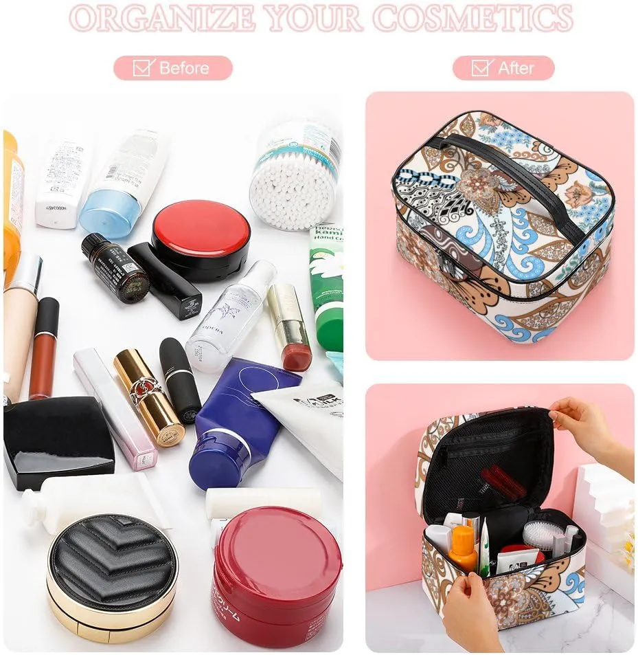 CHIGUA Paisley Blue Brown Flower Portable Travel Organizer Cosmetic Bag for Women Makeup Bag Handy Toiletry Washing Bag Receiving Bag Accessories Travelling Essentials Storage Pouch