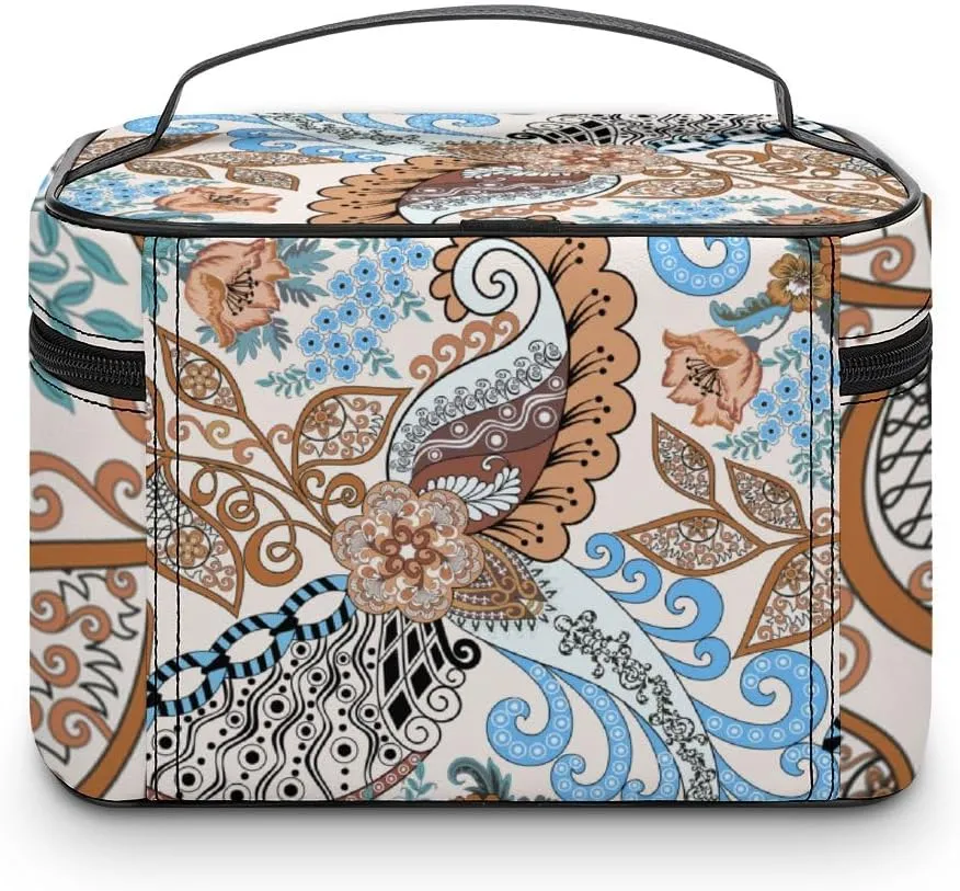 CHIGUA Paisley Blue Brown Flower Portable Travel Organizer Cosmetic Bag for Women Makeup Bag Handy Toiletry Washing Bag Receiving Bag Accessories Travelling Essentials Storage Pouch
