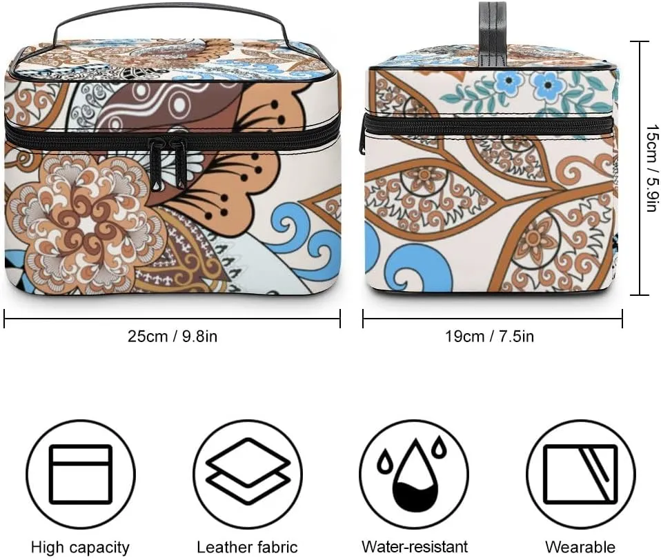 CHIGUA Paisley Blue Brown Flower Portable Travel Organizer Cosmetic Bag for Women Makeup Bag Handy Toiletry Washing Bag Receiving Bag Accessories Travelling Essentials Storage Pouch