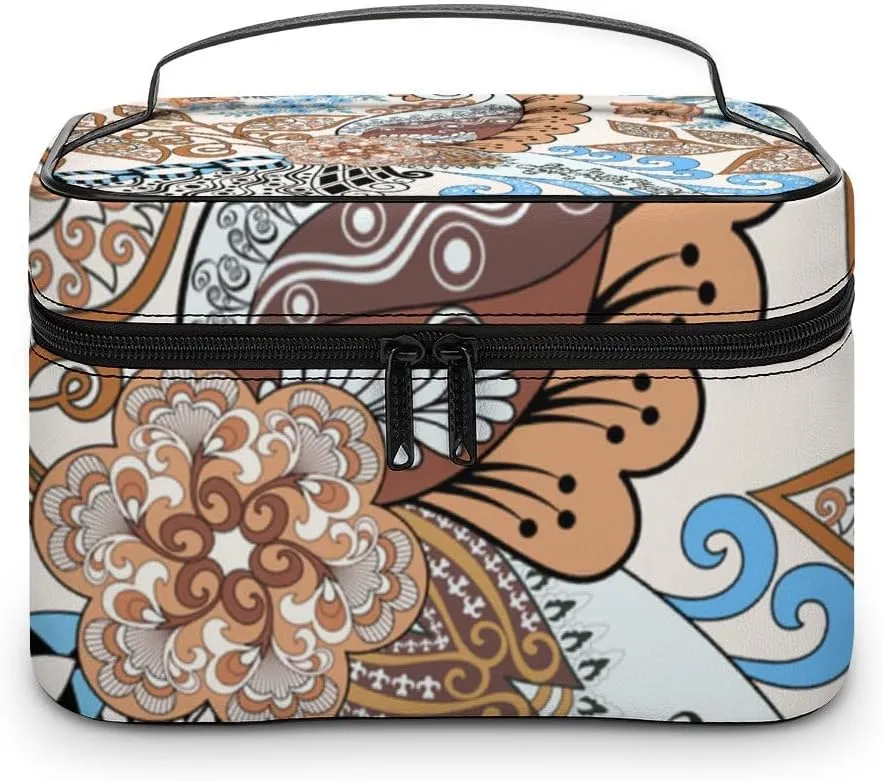CHIGUA Paisley Blue Brown Flower Portable Travel Organizer Cosmetic Bag for Women Makeup Bag Handy Toiletry Washing Bag Receiving Bag Accessories Travelling Essentials Storage Pouch