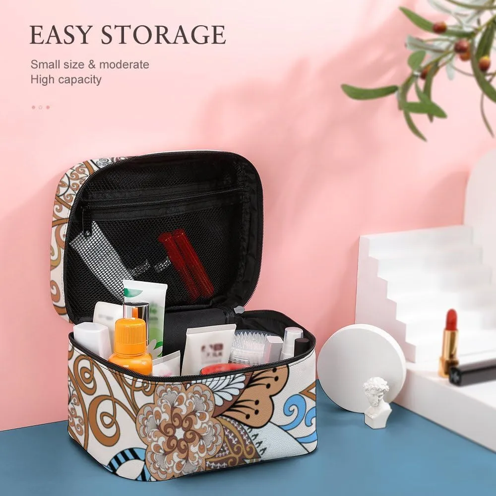 CHIGUA Paisley Blue Brown Flower Portable Travel Organizer Cosmetic Bag for Women Makeup Bag Handy Toiletry Washing Bag Receiving Bag Accessories Travelling Essentials Storage Pouch