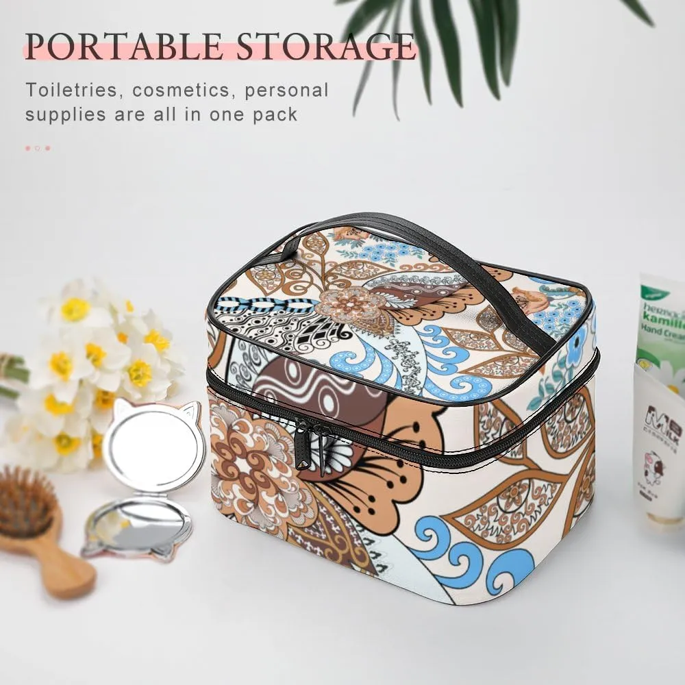 CHIGUA Paisley Blue Brown Flower Portable Travel Organizer Cosmetic Bag for Women Makeup Bag Handy Toiletry Washing Bag Receiving Bag Accessories Travelling Essentials Storage Pouch