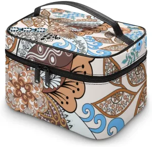 CHIGUA Paisley Blue Brown Flower Portable Travel Organizer Cosmetic Bag for Women Makeup Bag Handy Toiletry Washing Bag Receiving Bag Accessories Travelling Essentials Storage Pouch