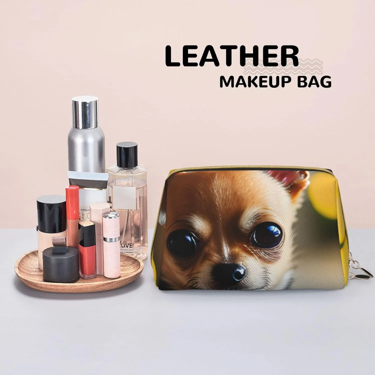 Chihuahua Dog 1 Leather Toiletry Organizer Bag, Travel-Friendly Makeup Pouch For Women