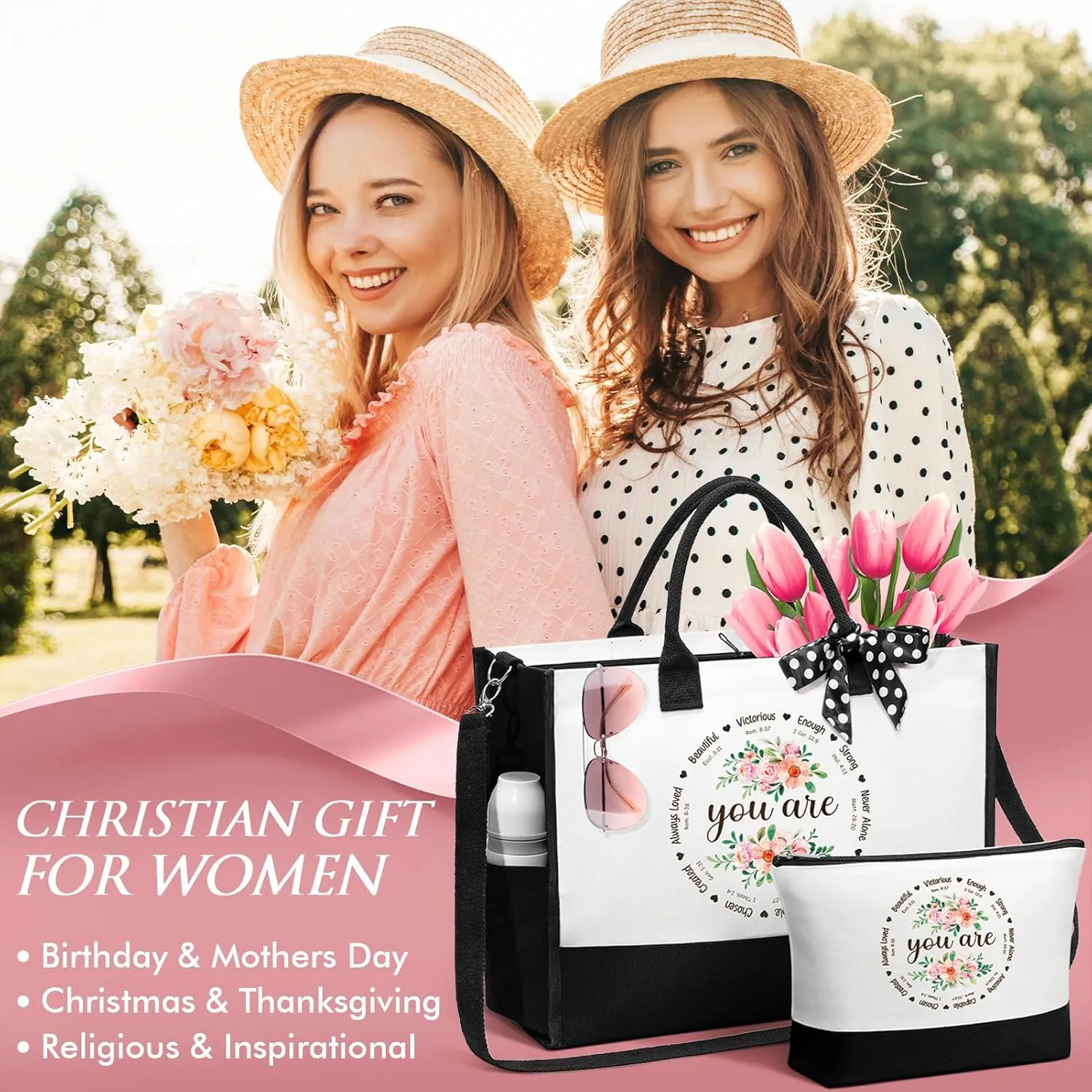 Christian Gifts for Women Faith, Inspirational Religious Gifts for Women, Catholic Spiritual Gifts Mothers Day Birthday Gifts for Women Mom Sister Best Friends Coworkers - Canvas Tote Bag & Makeup Bag
