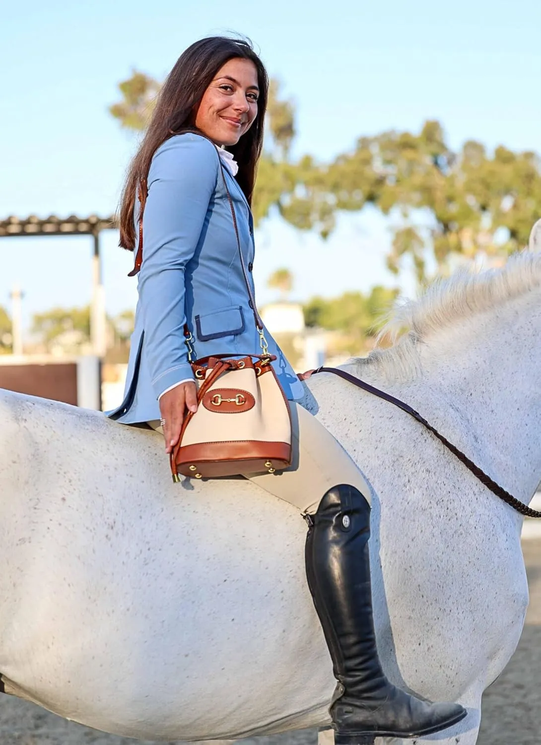 Classic Small Horsebit Bucket Bag & Bracelet Set – Light Brown Vegan Leather Horse Snaffle Crossbody Purse, Matching Bracelet, Preppy Western Accessories, Eco Canvas Sling Bag with 2 Straps