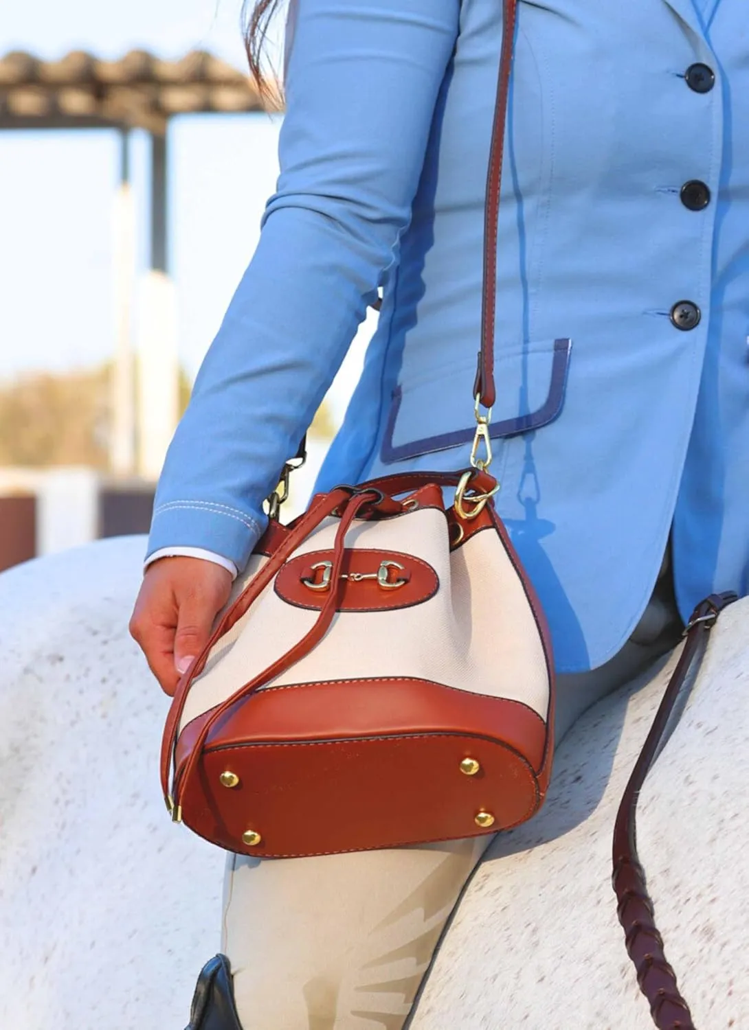 Classic Small Horsebit Bucket Bag & Bracelet Set – Light Brown Vegan Leather Horse Snaffle Crossbody Purse, Matching Bracelet, Preppy Western Accessories, Eco Canvas Sling Bag with 2 Straps