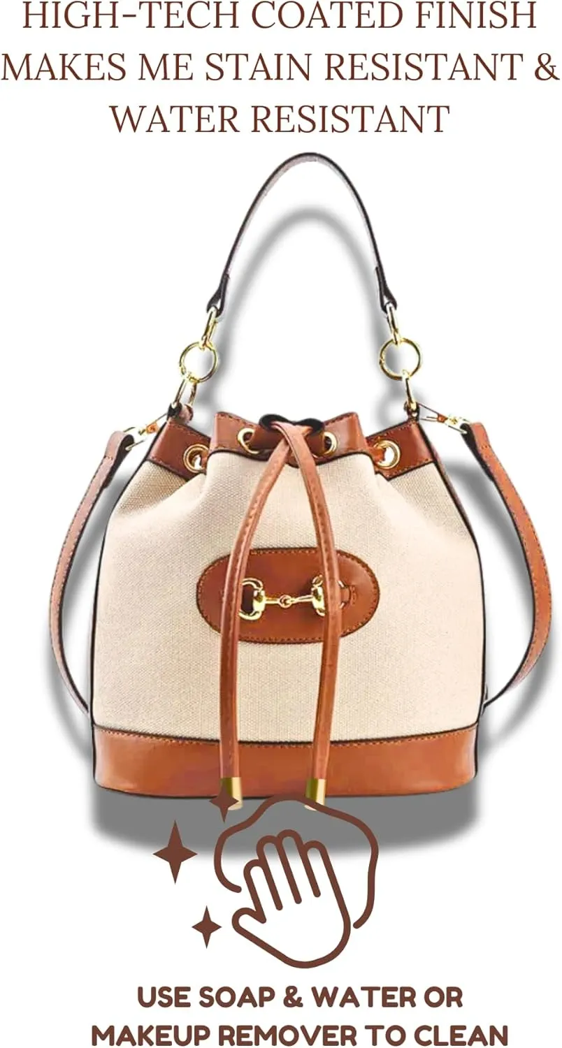 Classic Small Horsebit Bucket Bag & Bracelet Set – Light Brown Vegan Leather Horse Snaffle Crossbody Purse, Matching Bracelet, Preppy Western Accessories, Eco Canvas Sling Bag with 2 Straps