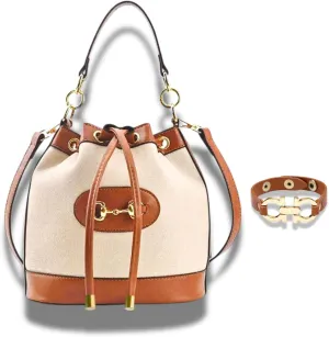 Classic Small Horsebit Bucket Bag & Bracelet Set – Light Brown Vegan Leather Horse Snaffle Crossbody Purse, Matching Bracelet, Preppy Western Accessories, Eco Canvas Sling Bag with 2 Straps
