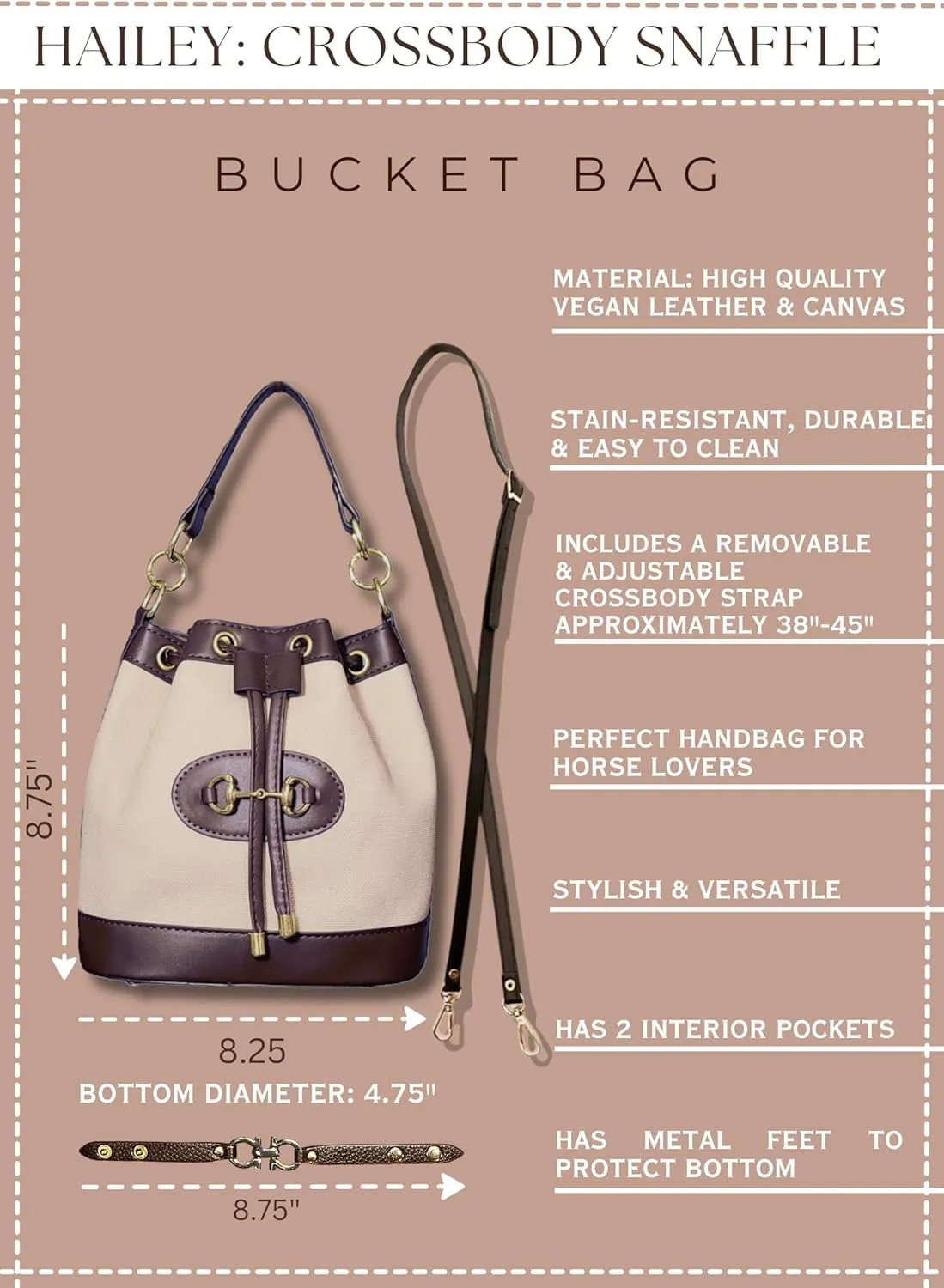 Classic Small Horsebit Bucket Bag & Bracelet Set – Light Brown Vegan Leather Horse Snaffle Crossbody Purse, Matching Bracelet, Preppy Western Accessories, Eco Canvas Sling Bag with 2 Straps