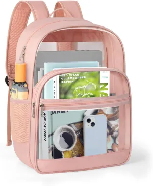 Clear Backpack, Heavy Duty Transparent Bookbag for School, Fabric & PVC Transparent Backpack with Reinforced Strap for Women Men, Capacity Clear Bag for College, Travel, Security, Pink