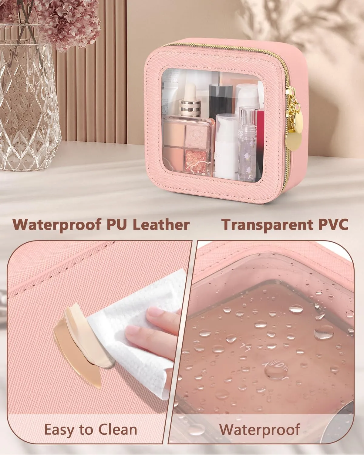 Clear Makeup Bag, Portable Travel Cosmetic Bags, Multipurpose Leather Toiletry Bag with Zipper, Waterproof Transparent Cosmetic Organizer for Women, Mini, Pink