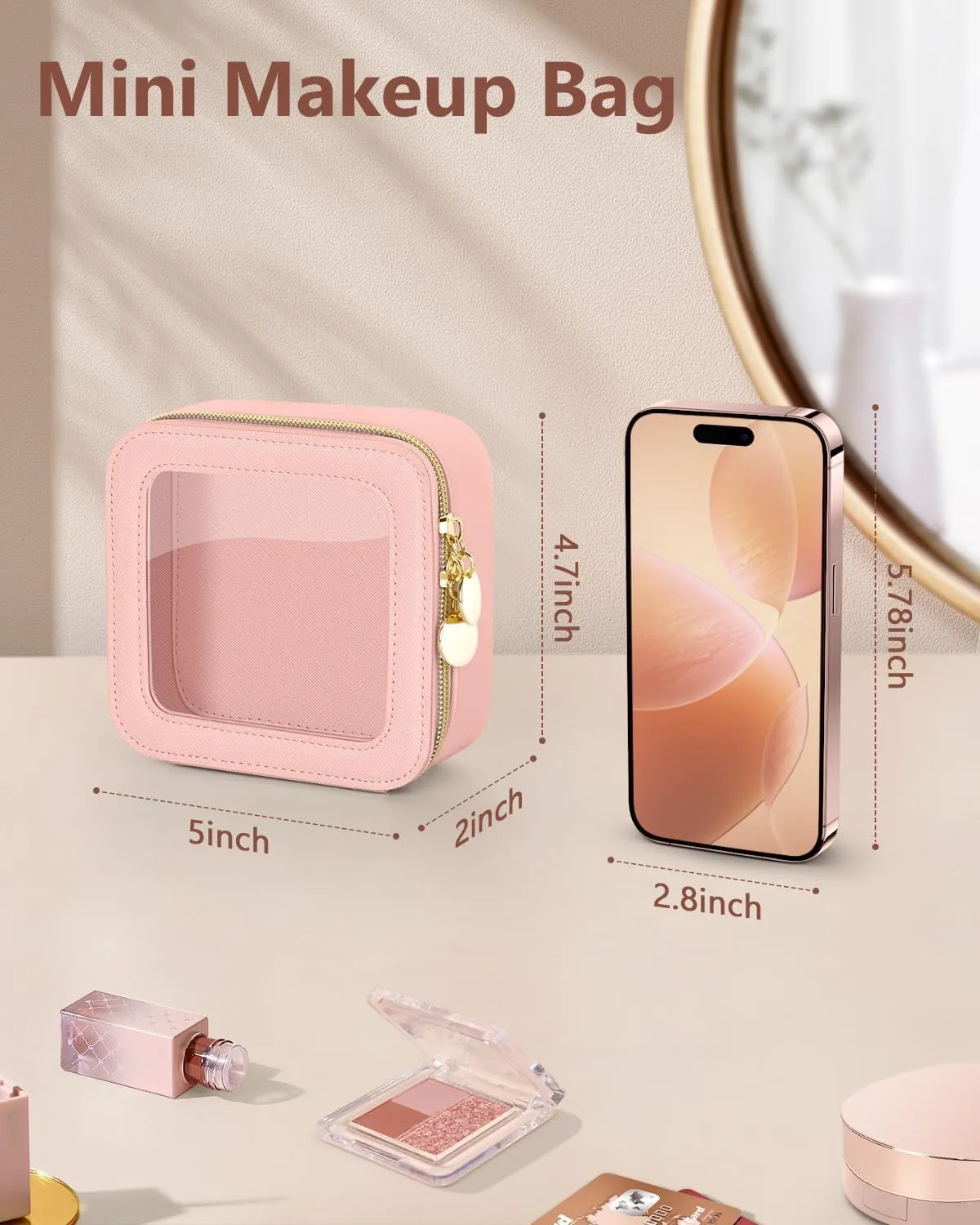 Clear Makeup Bag, Portable Travel Cosmetic Bags, Multipurpose Leather Toiletry Bag with Zipper, Waterproof Transparent Cosmetic Organizer for Women, Mini, Pink