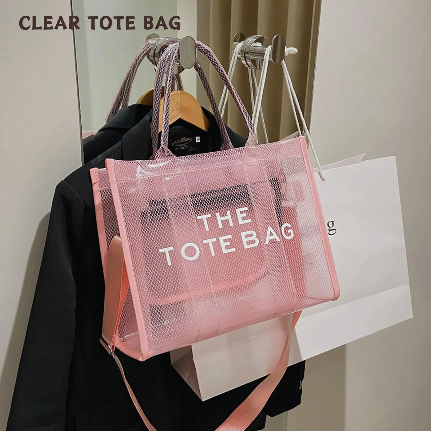 Clear Tote Bag for Women, Transparent Crossbody Lunch Bag Large Mesh Beach Bag for Sports Travel Stadium