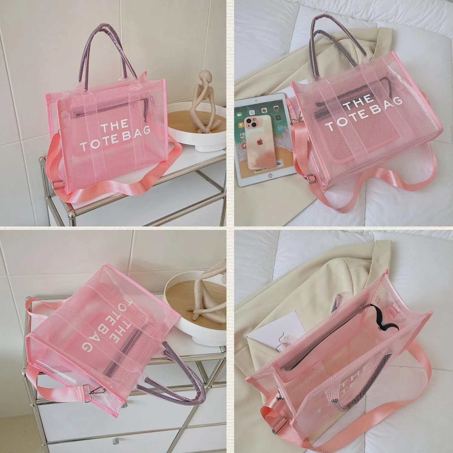 Clear Tote Bag for Women, Transparent Crossbody Lunch Bag Large Mesh Beach Bag for Sports Travel Stadium