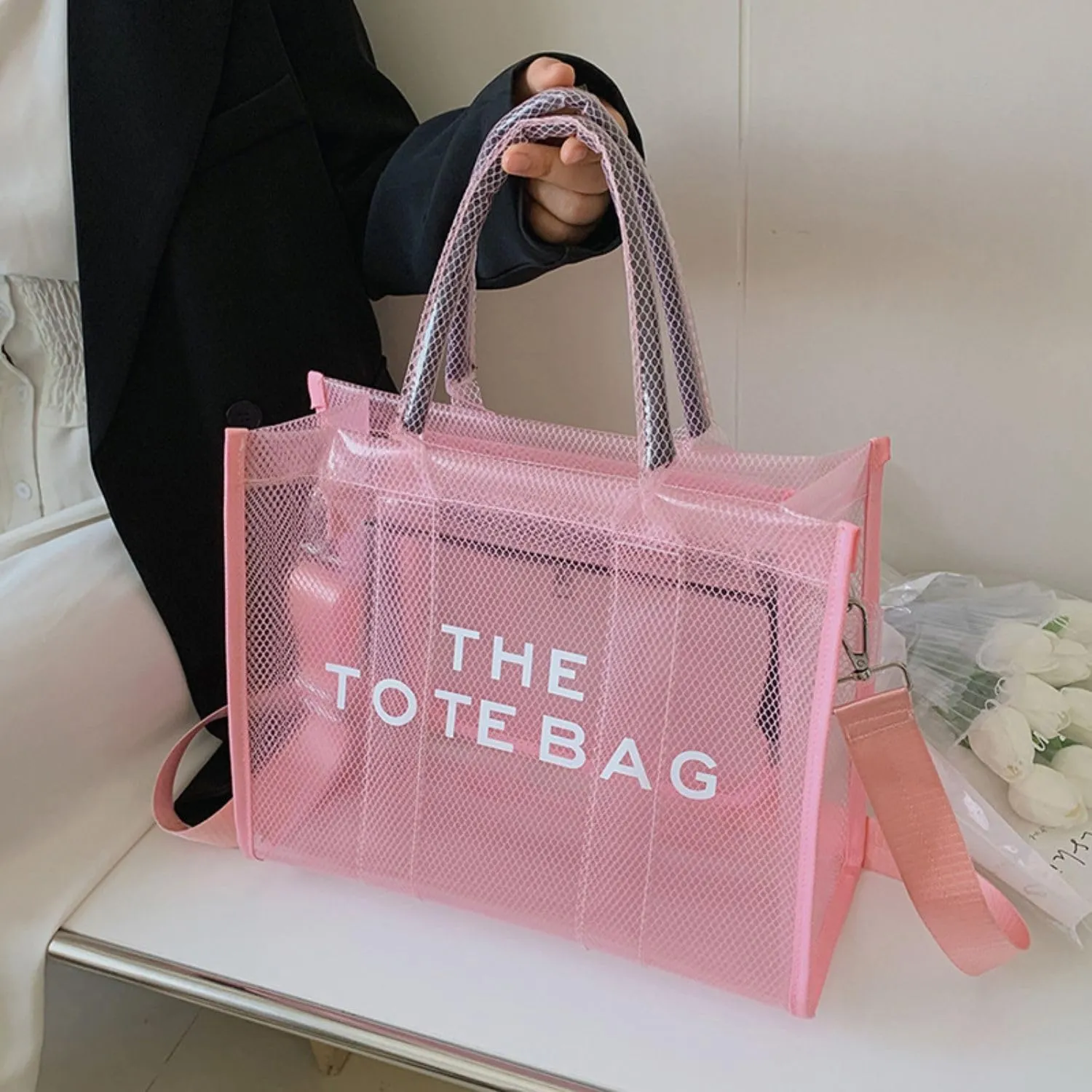 Clear Tote Bag for Women, Transparent Crossbody Lunch Bag Large Mesh Beach Bag for Sports Travel Stadium