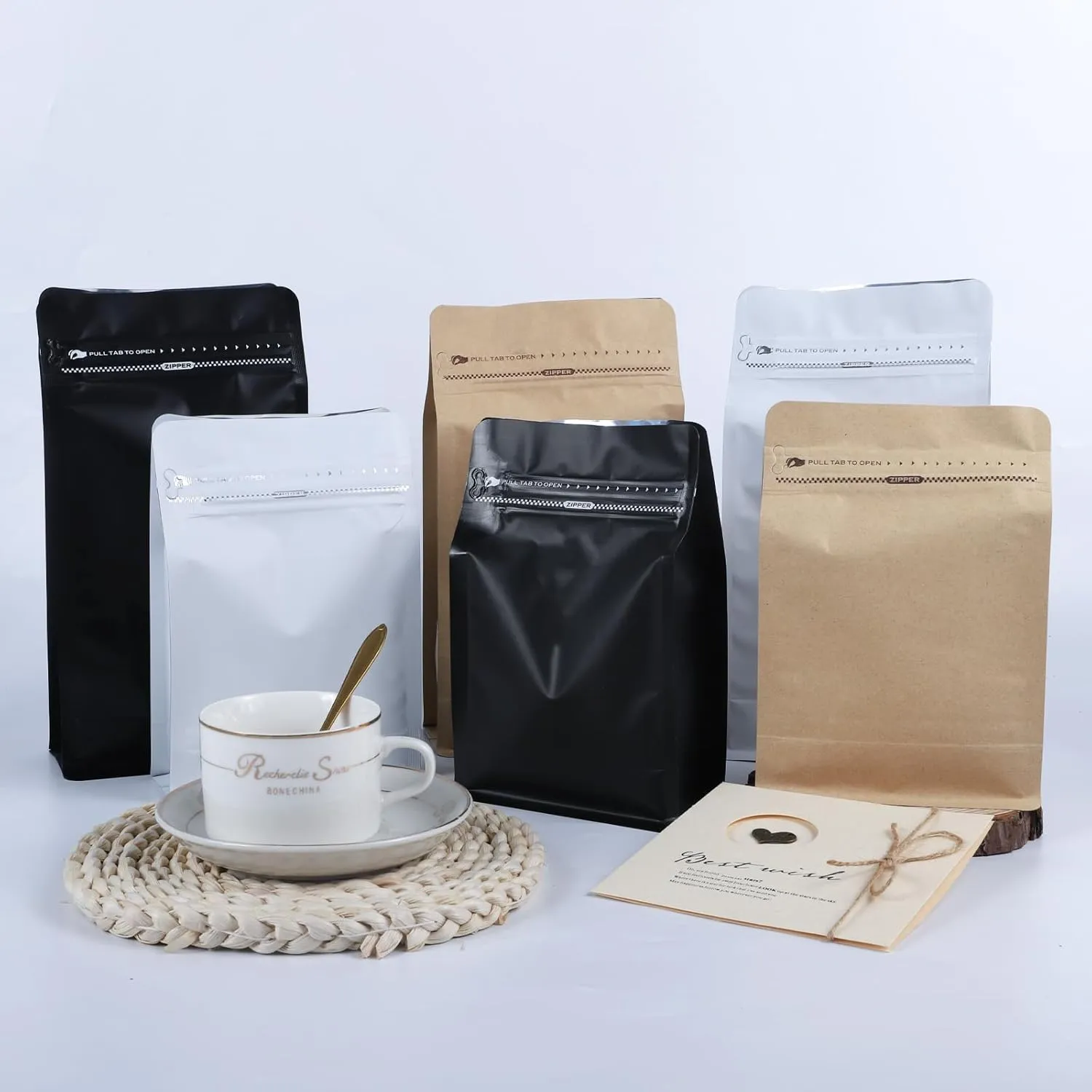 Coffee Bags without Valve (50 PCS,16oz/1lb) Black High Barrier Aluminum Foil Flat Bottom Standing Coffee Beans Storage Packaging Bags, Reusable Heat Seal Side Zipper Pouches for Small Business & Home