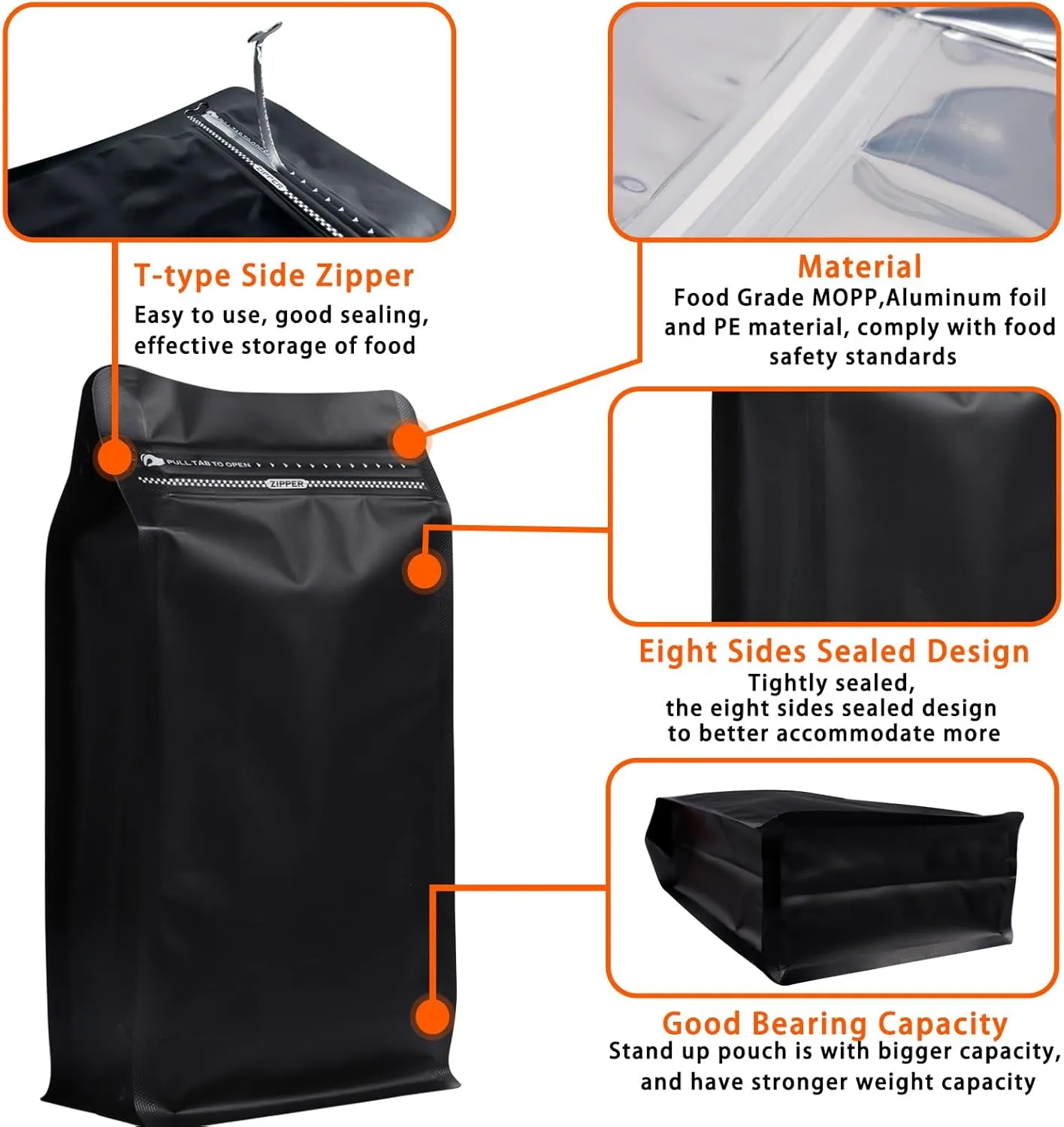 Coffee Bags without Valve (50 PCS,16oz/1lb) Black High Barrier Aluminum Foil Flat Bottom Standing Coffee Beans Storage Packaging Bags, Reusable Heat Seal Side Zipper Pouches for Small Business & Home